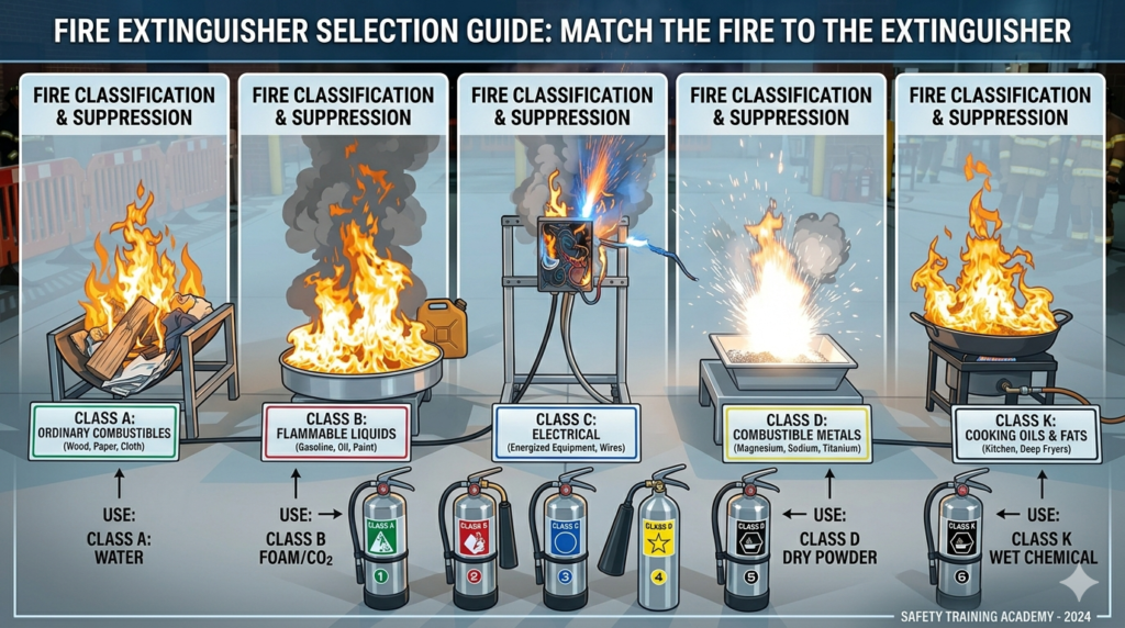 What Are the Classes of Fire A B C D K — And Which Extinguisher Stops Each One? 2 How to Match the Right Extinguisher to Each Fire Class