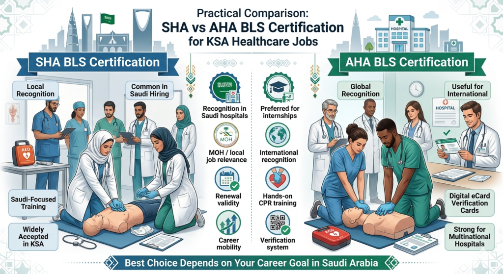 SHA vs AHA BLS Certification: Which One Matters in KSA? 2 Practical Comparison: SHA vs AHA BLS Certification for KSA Healthcare Jobs