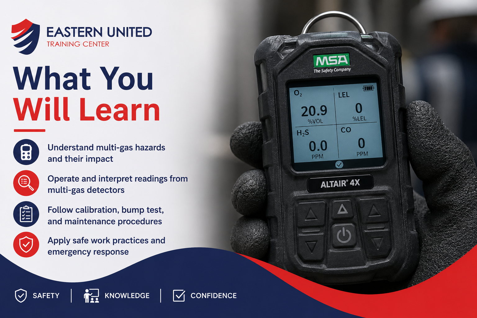 Multi-gas detector measuring O2, LEL, H2S and CO during AGT practical training in KSA